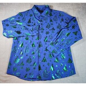 Barry Wang Mens Large Blue Christmas Tree Pattern Button Down Dress Shirt